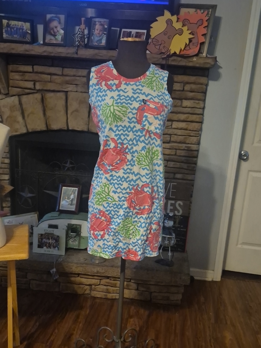 Simply Southern Sleeveless Crab Print Dress in White, Coral, and Green